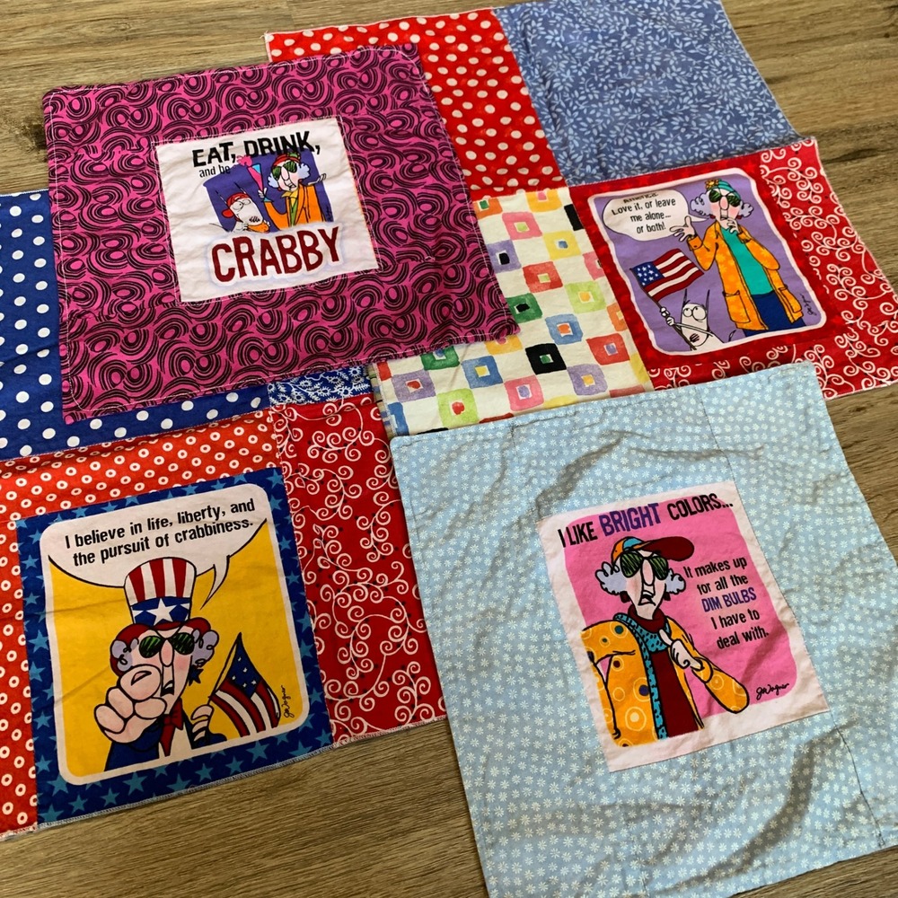 Vintage Maxine Hallmark Quilt Squares Set of 4 John Wagner Humorous Fabric Panel